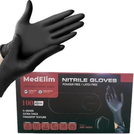 MEDELIM Black Nitrile Gloves, 5 Mil, Latex Free, Powder Free, Textured, Food Safe, Large, 100 Count - Cleaning Supplies Gloves Disposable Latex Free, Nitrile Gloves for Kitchen and More